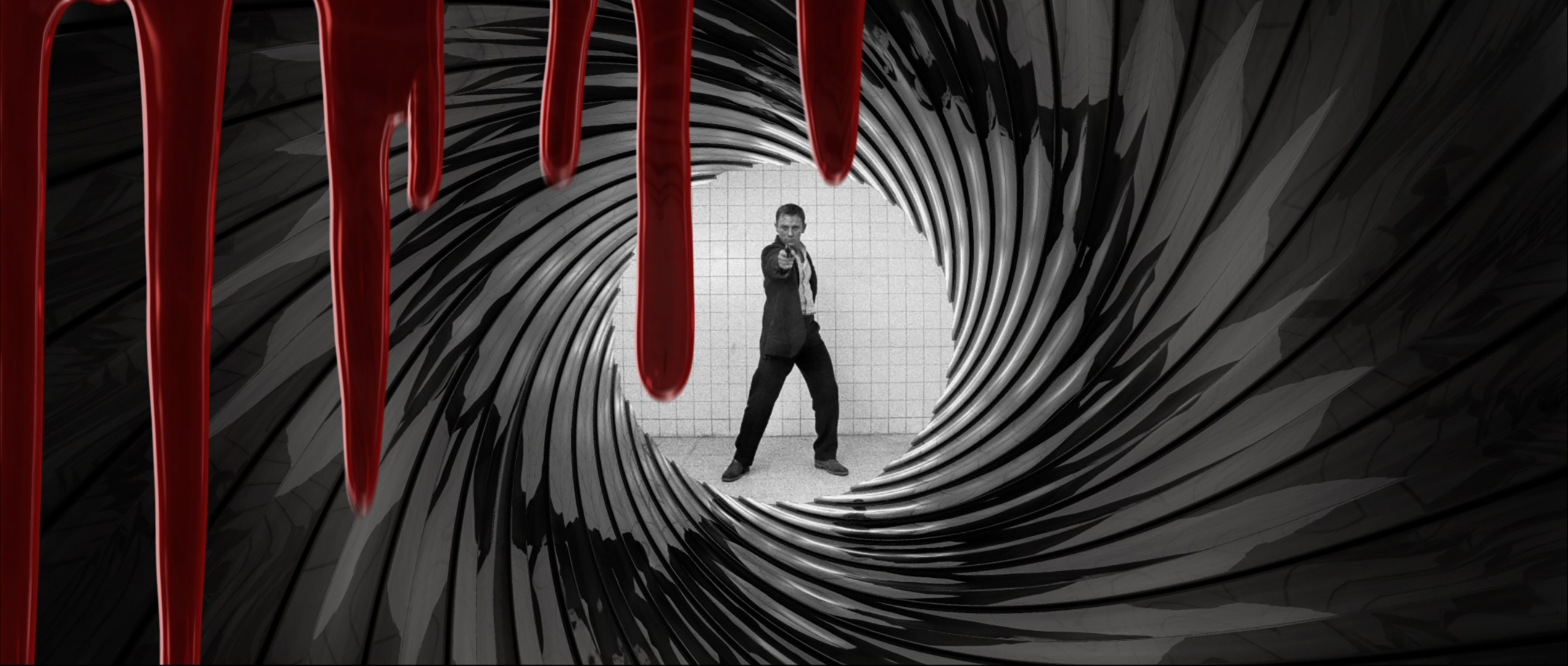 actor daniel craig pointing a gun in the centre of a james bond themed animation