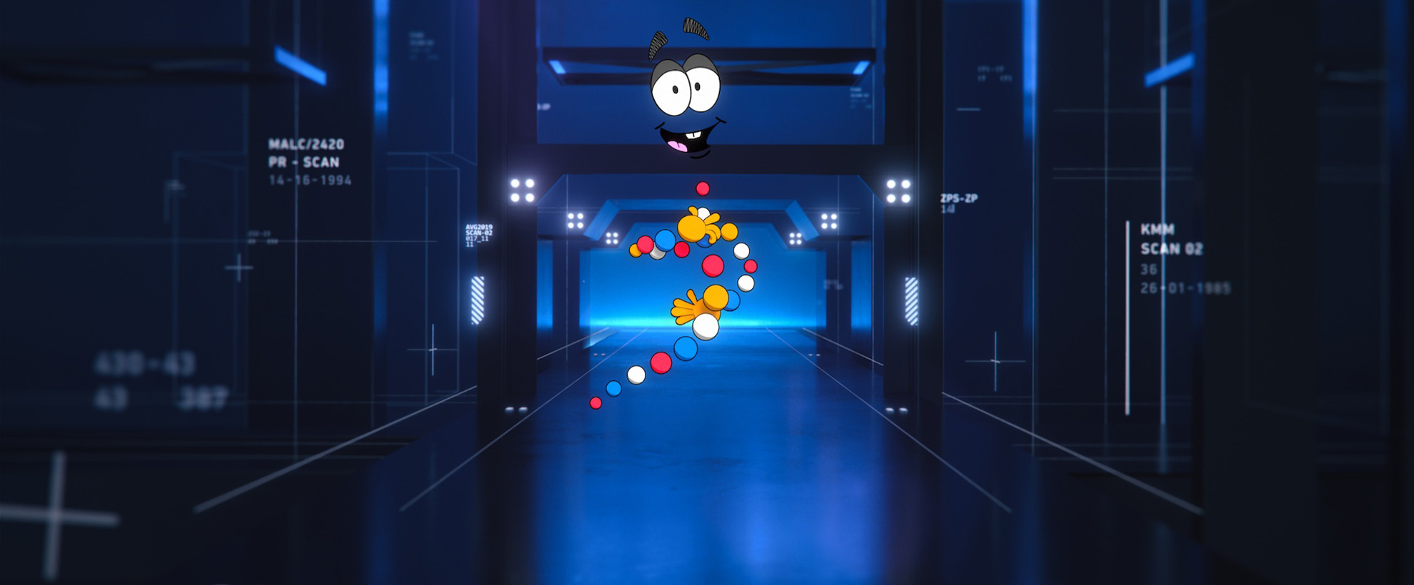 A cartoon strand of DNA from the Jurassic Park film is floating in a blue laboratory room.
