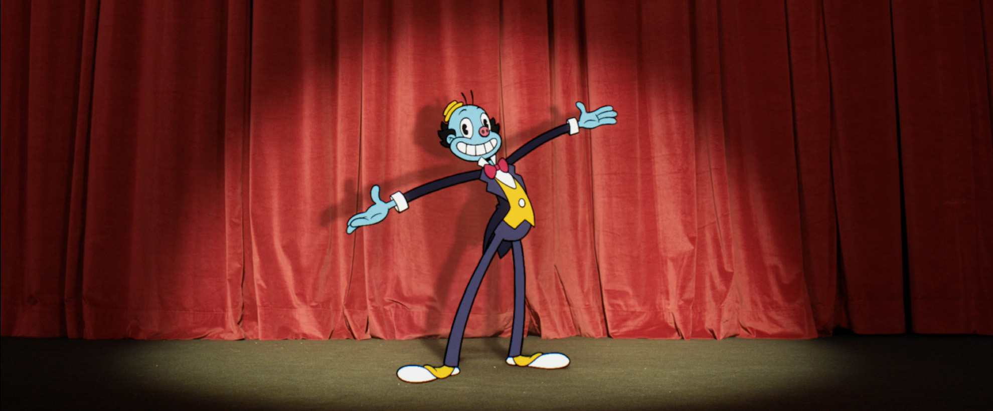 2D Animated Mr Ring a Ding from Doctor Who season two in front of a red curtain.