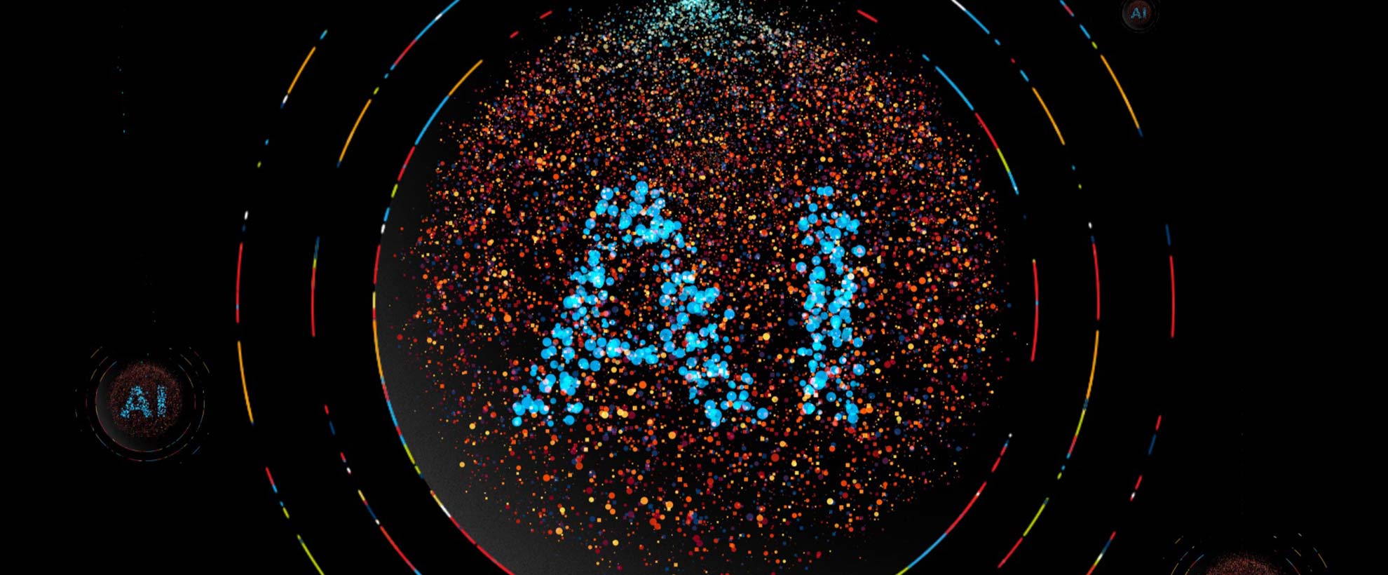 Digitally animated particles make up the word 'AI'