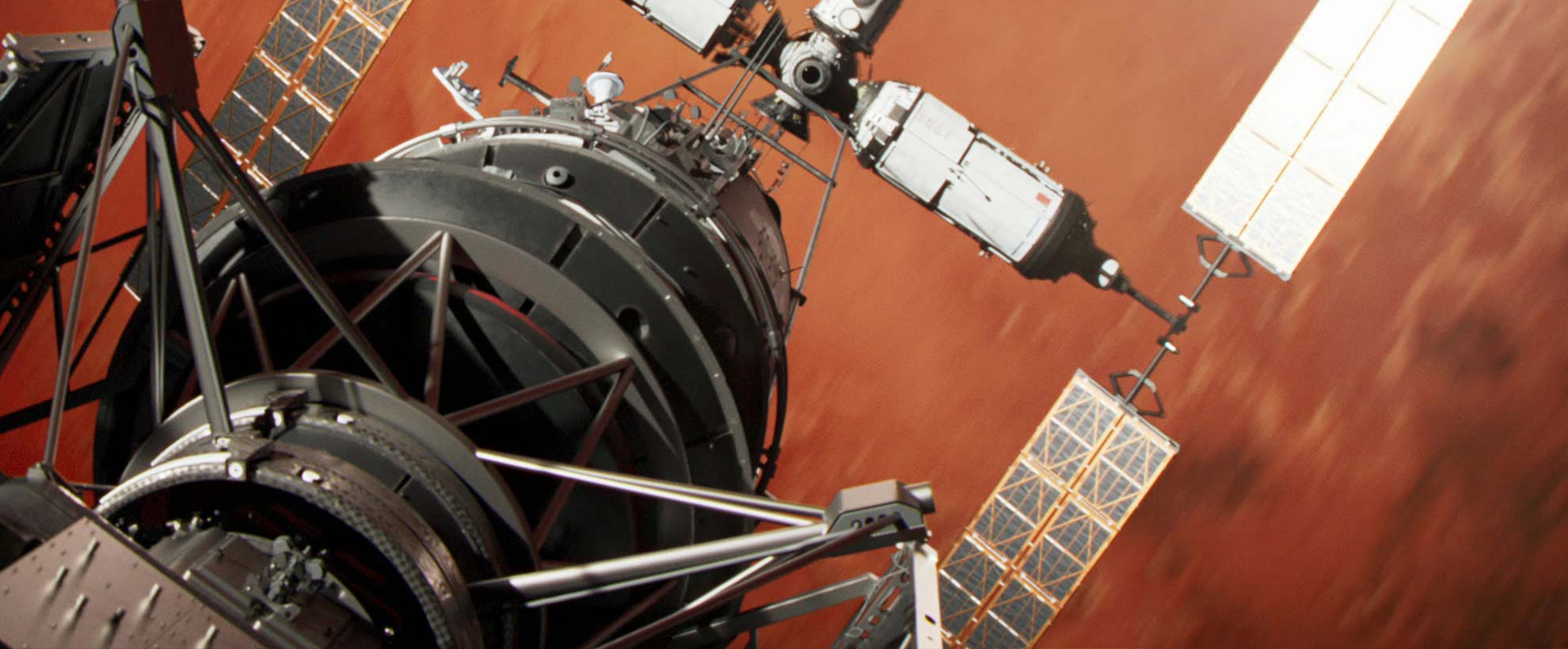 A CGI spaceship flies over a Mars-like digital environment