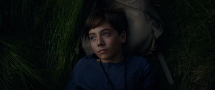 aerial close up shot of a child looking into the distance while laying down