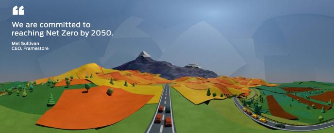 CGI landscape image with the quote "We are committed to reaching Net Zero by 2050." Mel Sullivan, CEO, Framestore