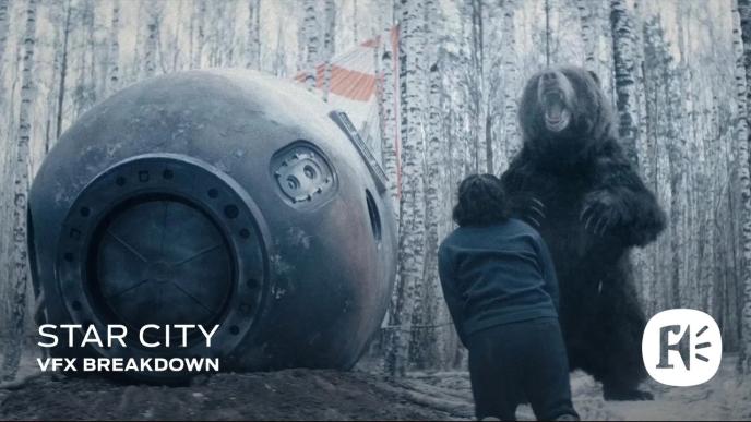 A large spherical spacecraft rests in a snowy birch forest as a person faces a towering CG bear.