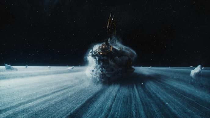 spacecrafts immersed in icy space dust surrounded by icebergs in space