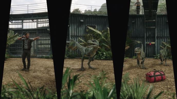 Several screens in the queueing area of the Jurassic World Ride, showing Chris Pratt and his velociraptors