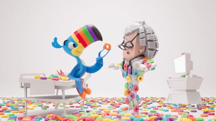 Toucan Sam with a doctor with Froot Loops all over the floor