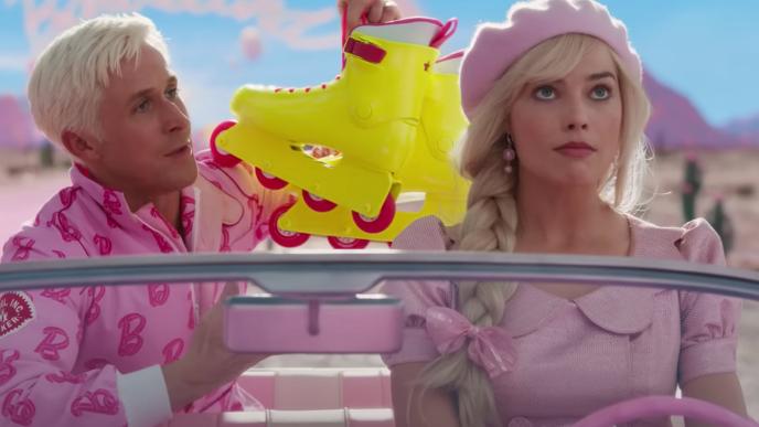Barbie sits in the drivers seat of her car, rolling her eyes as Ken holds up his rollerblades from the back seat.